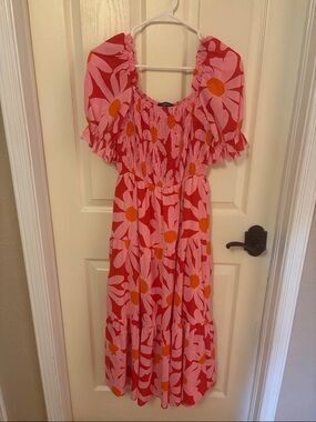 Bright Pink & Red Floral Midi Dress with Orange Accents